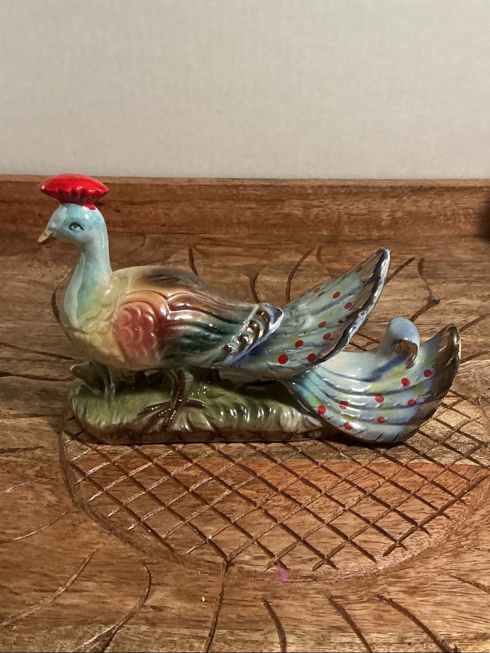 Vintage Vibrant Hand-Painted Ceramic Peacock Figurine in Multicolor